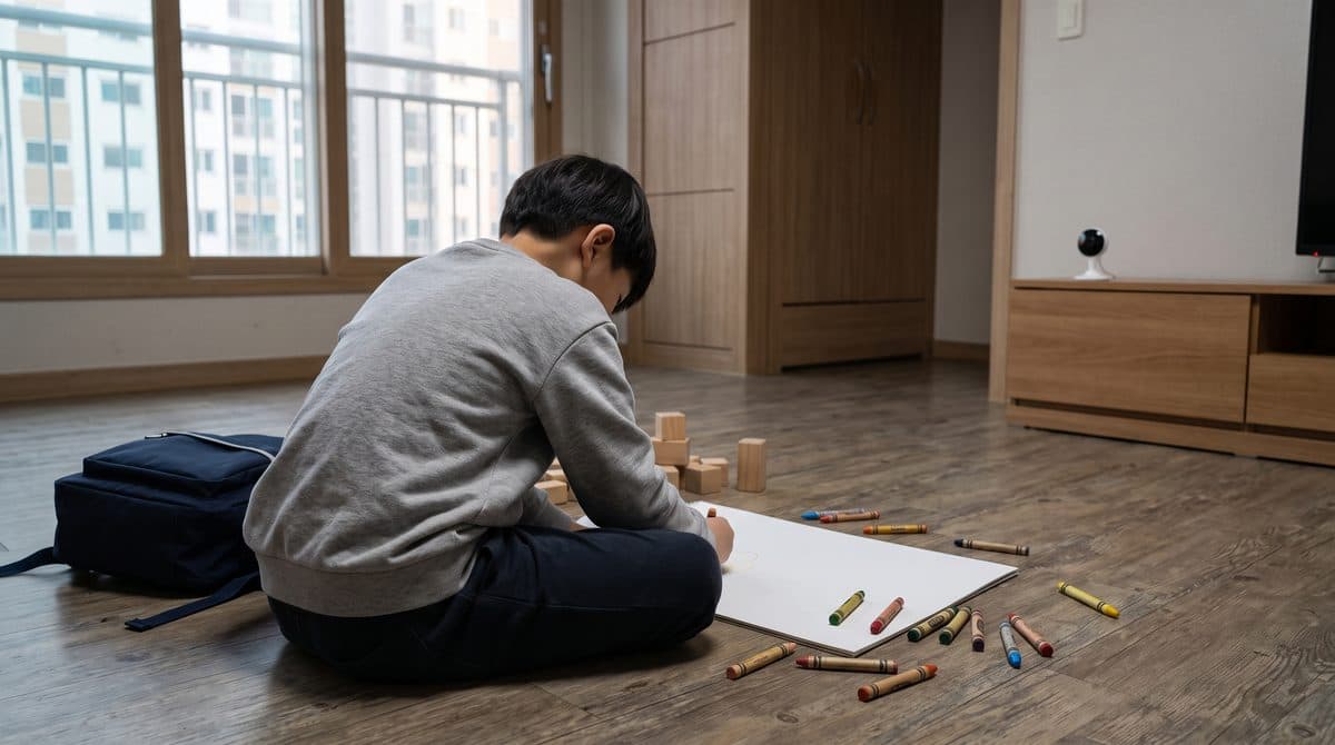 거실 바닥에 앉아 크레파스로 그림을 그리는 아이의 뒷모습. 옆 선반에 실내 홈캠이 있다